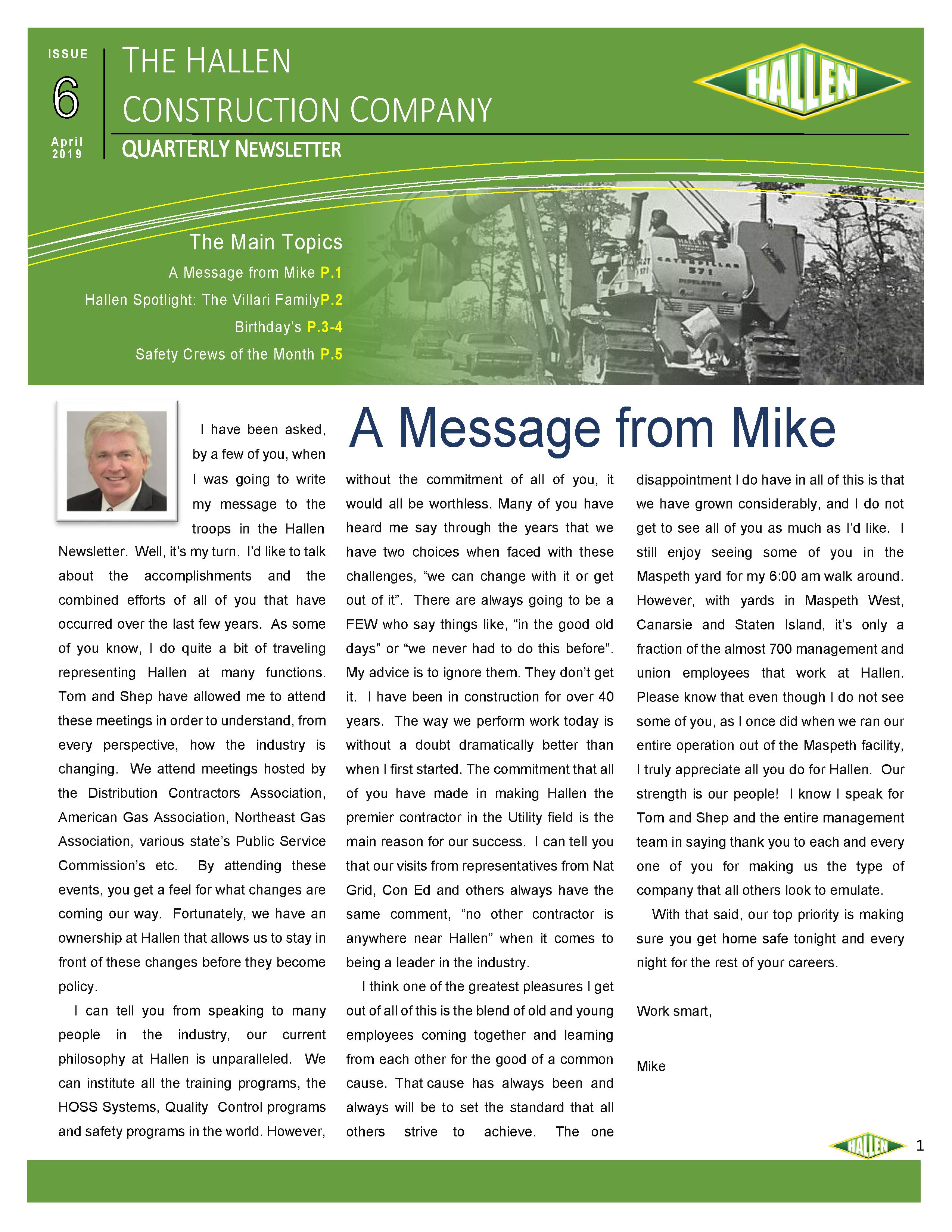 April 2019 Company Newsletter Page 1